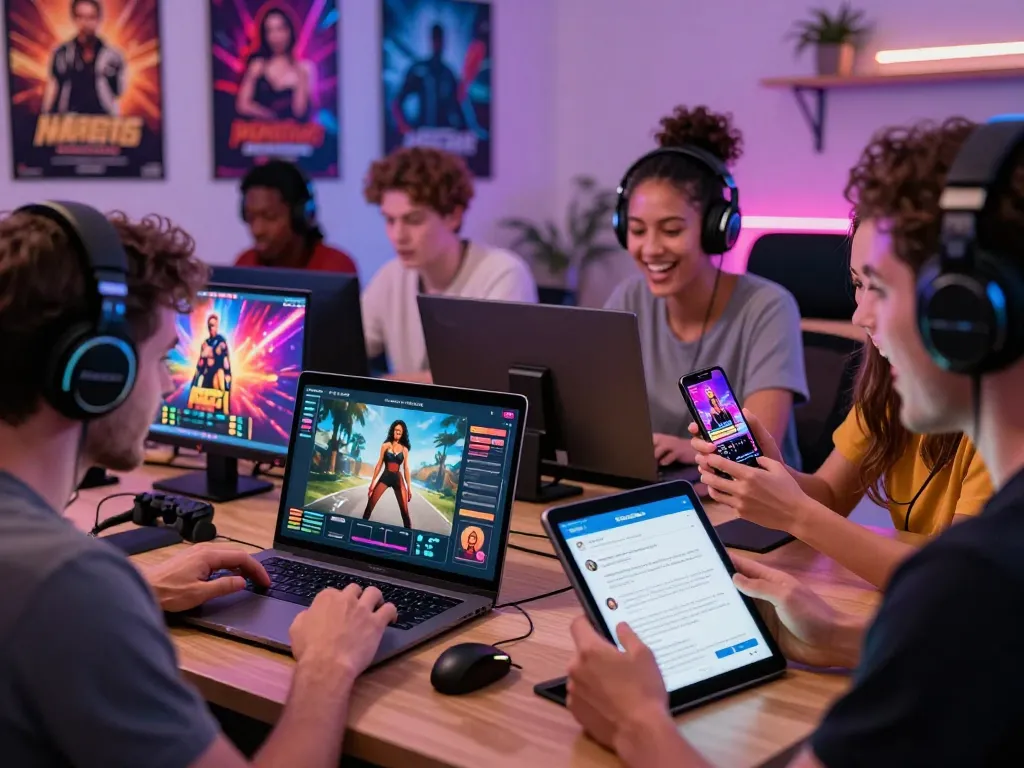 Engaged adults playing sex games on devices in a lively, vibrant gaming environment.