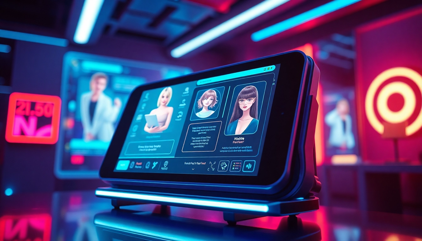 Immersive NSFW AI platform interface showcasing high-tech digital interactions and character engagement.