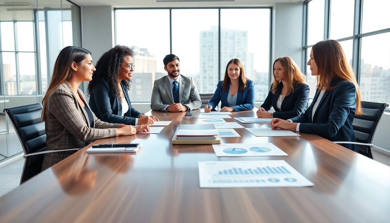 US law firm team collaborating in a modern conference room with legal documents and financial charts.