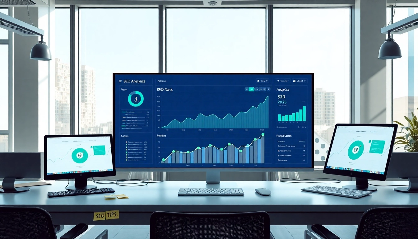 Analyze SEO Rank trends with a professional dashboard and bright office environment.