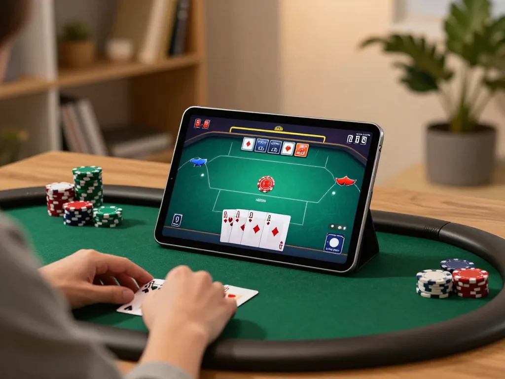 Engaging in online poker gaming at 11 win with a tablet, showcasing strategic gameplay.