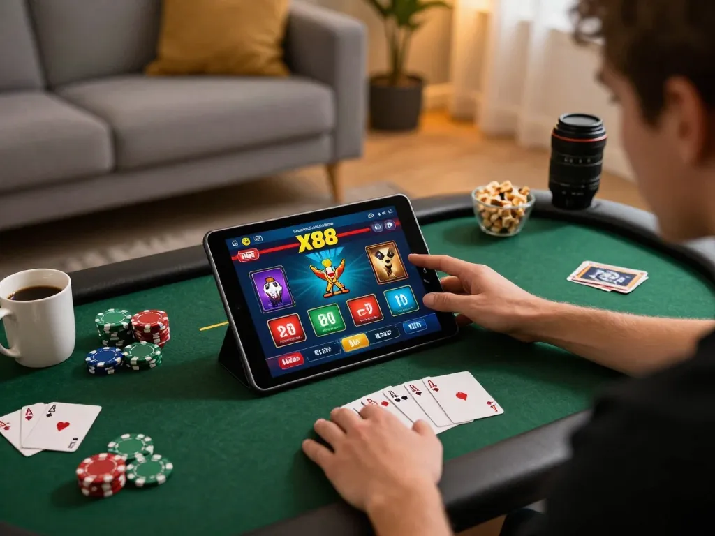X88 engaging online poker setup with colorful game interface and cozy home atmosphere.