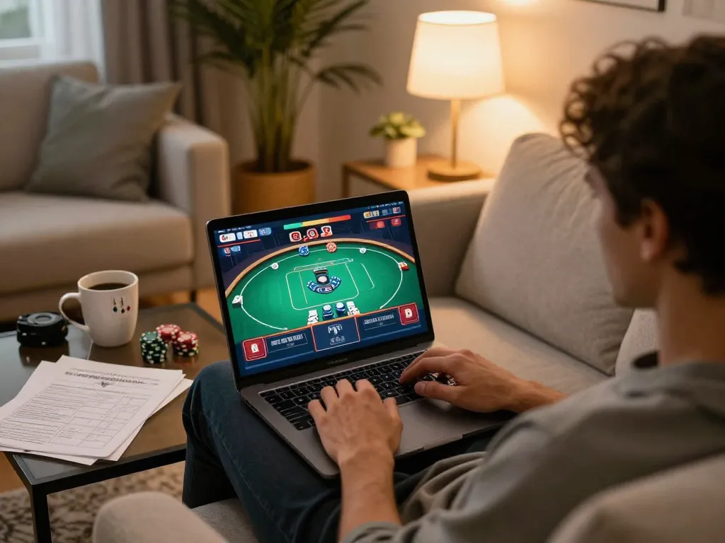 Engaging in GG88 đăng nhập while playing online poker in a cozy home setting with warm lighting.