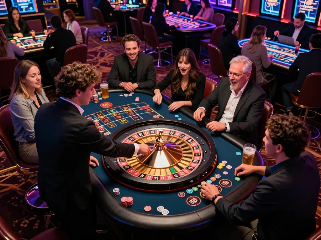 Players engaging in an exciting SC888 roulette game at a luxurious casino with vibrant lighting.