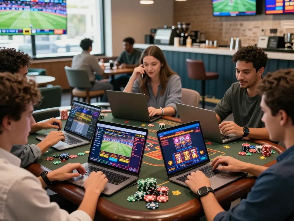 Engaged group enjoying v9bet online sports betting and casino games in a vibrant virtual lounge.