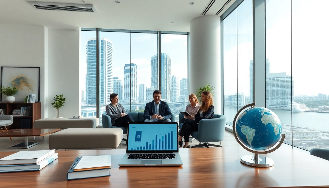 A professional setting in a US law firm, showcasing Miami's skyline and business discussions.