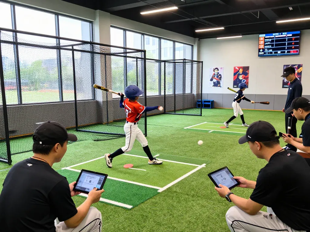 Young baseball player at the hit club training facility, swinging a bat while coaches provide feedback in a modern indoor setting.