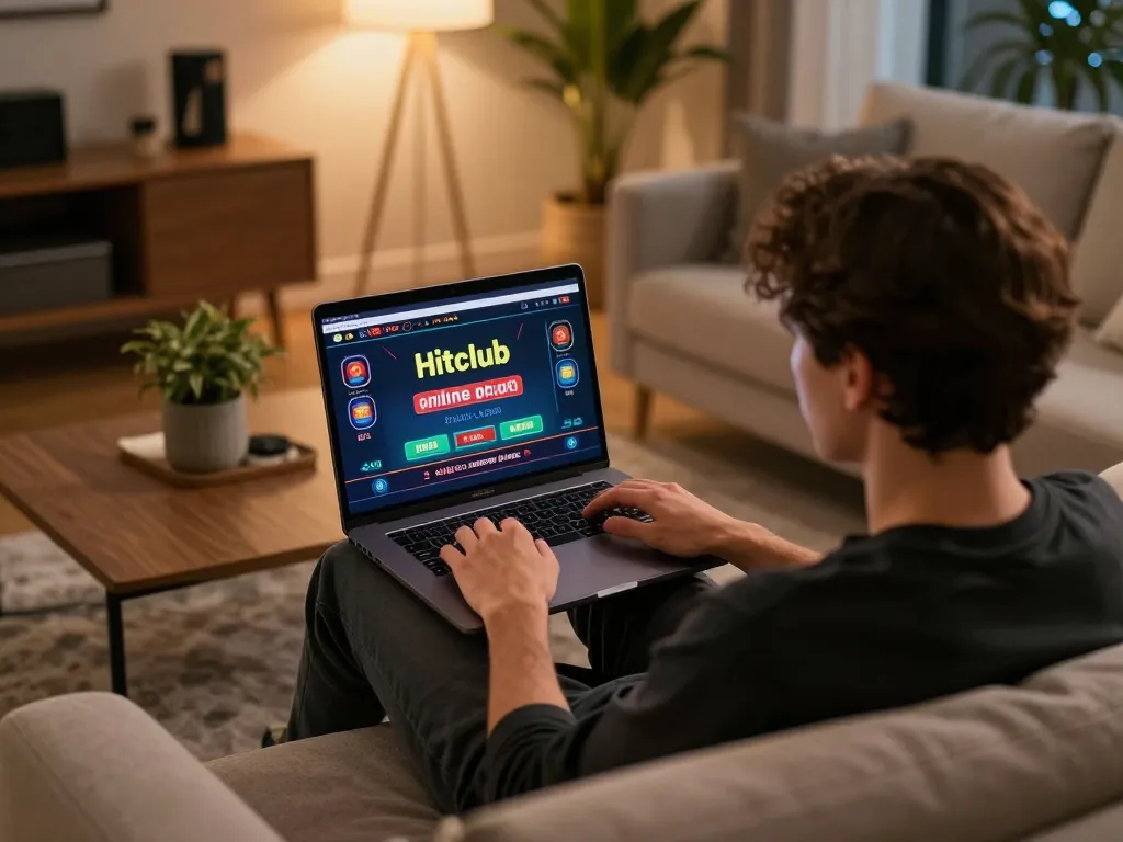 Engaging with hitclub's online casino interface on a laptop in a cozy living room setting.