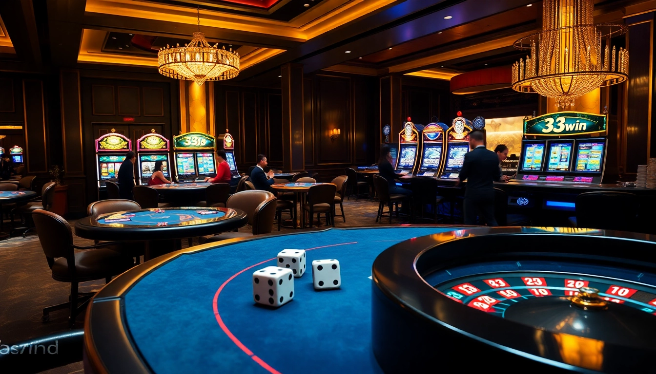 Thrilling casino experience at 33win with vibrant gaming tables and slot machines.