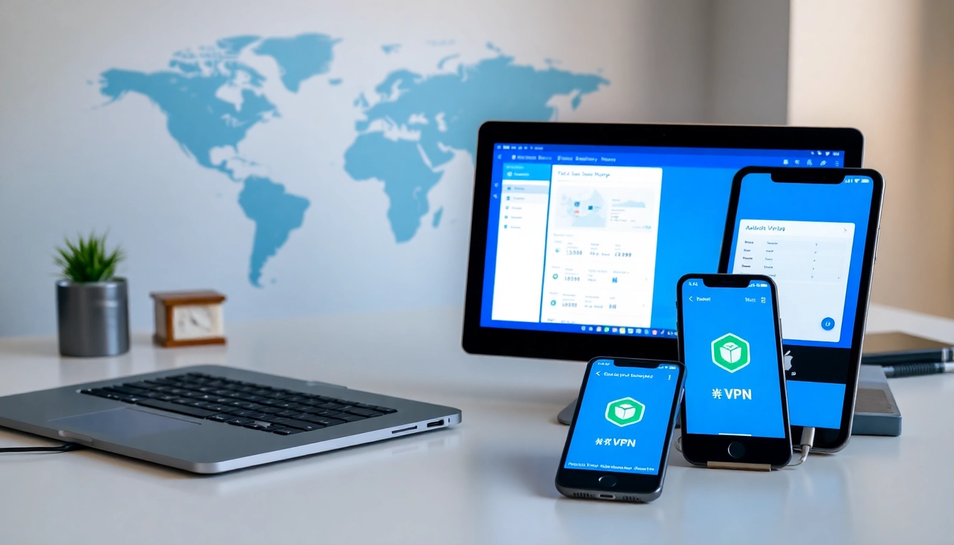 多设备显示的快连官网界面，展示全球连通性与在线安全。