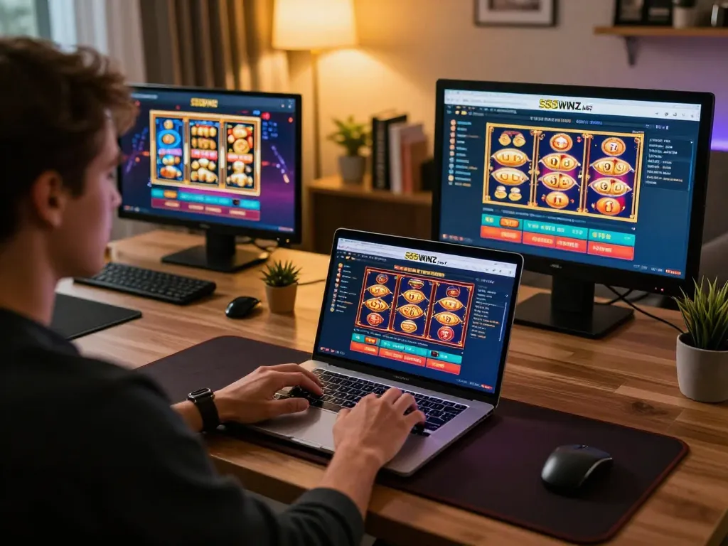 Engaging player enjoying online gaming on 555WINZ.NET in a stylish home office setting