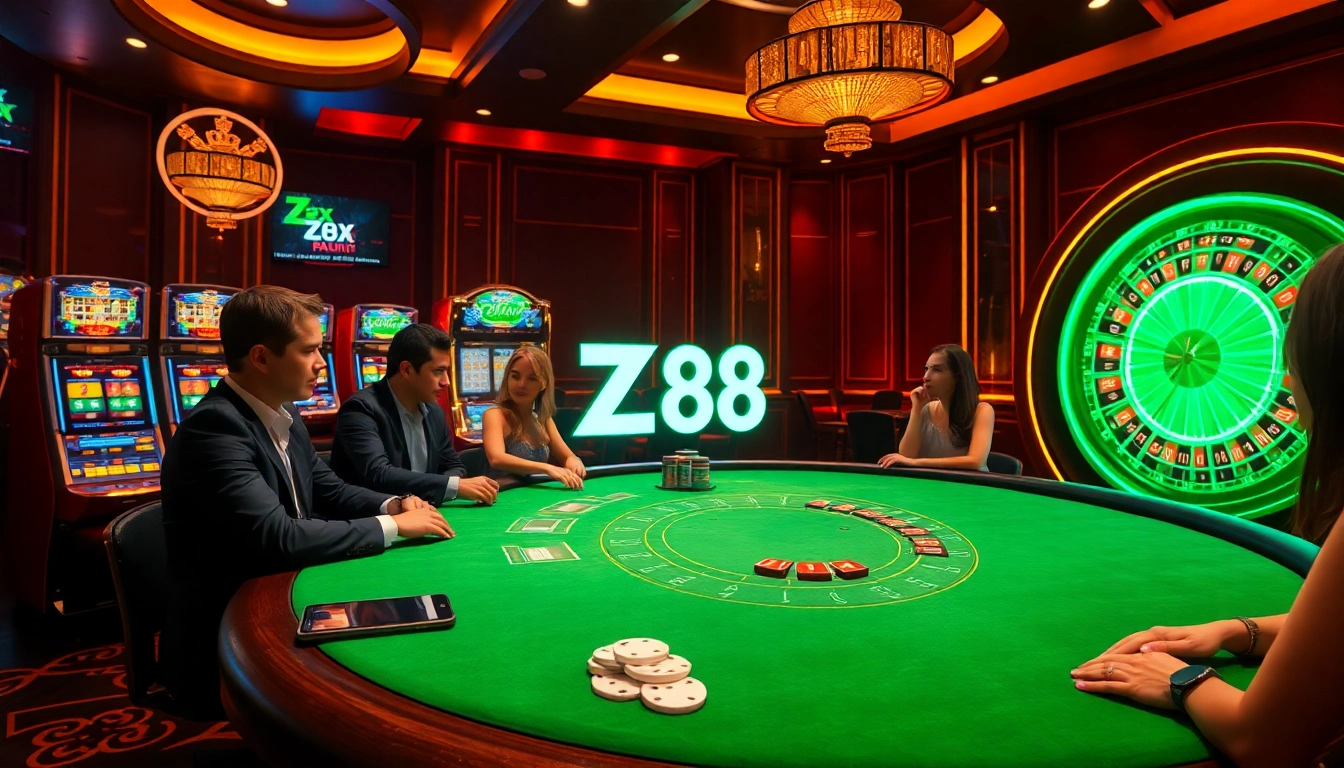 Exciting casino scene with poker players and the ZX 88 logo, radiating luxury and thrilling gambling vibes.