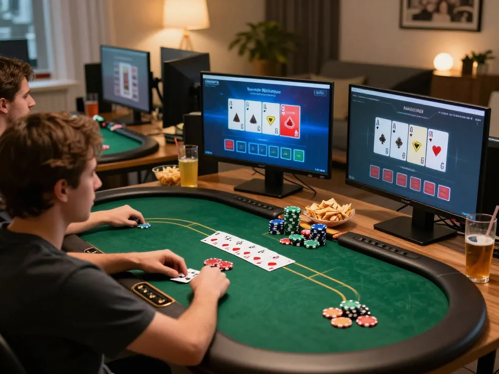 Engaged player enjoying online casino gaming at https://kp88.space/ with poker cards and chips in cozy home setting.