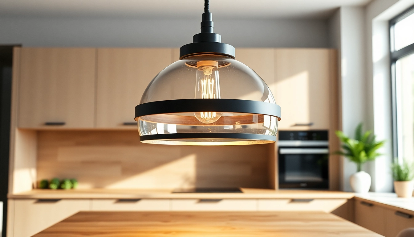 Stylish island light fixture illuminating a modern kitchen island with a warm glow.