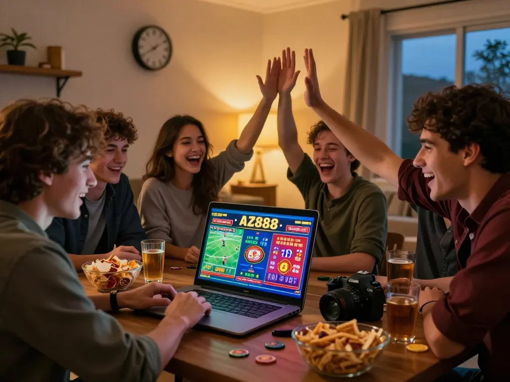 Friends enjoying a lively online gambling session on AZ888, linking into fun and excitement.