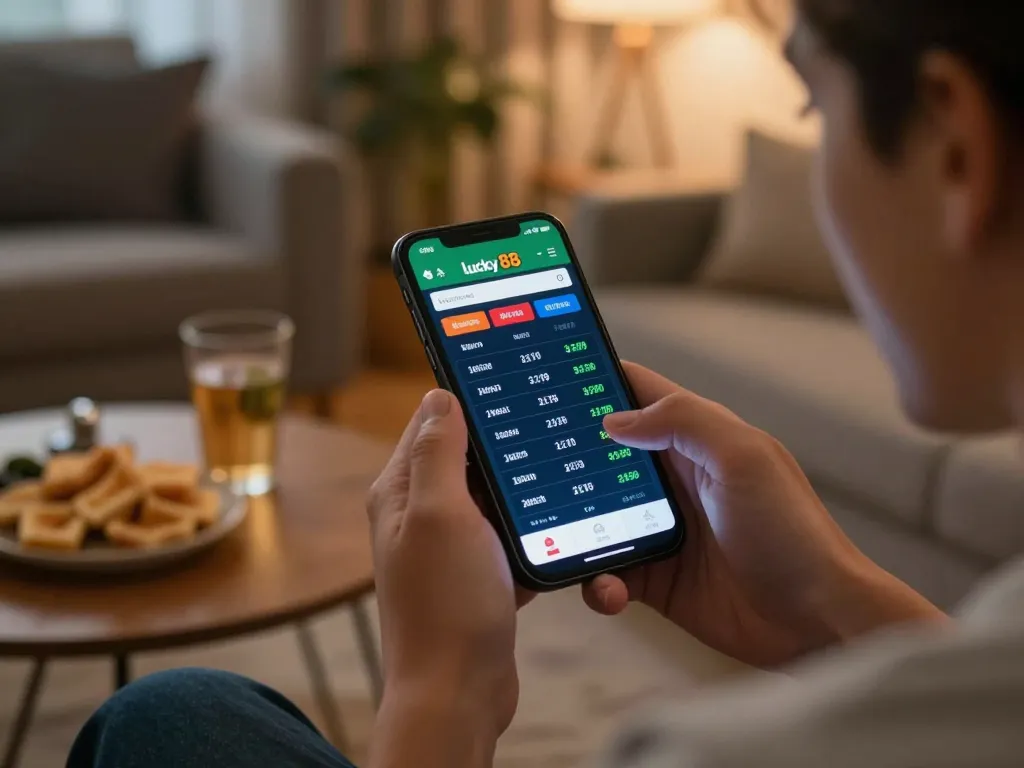 Engaging in exciting gameplay on lucky 88 mobile betting app, analyzing sports odds and stats.