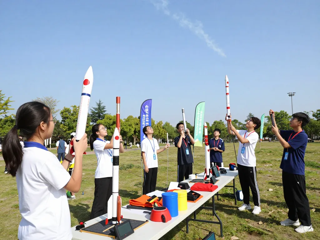 Students launching model rocket kits outdoors during a STEM event, capturing excitement and education.