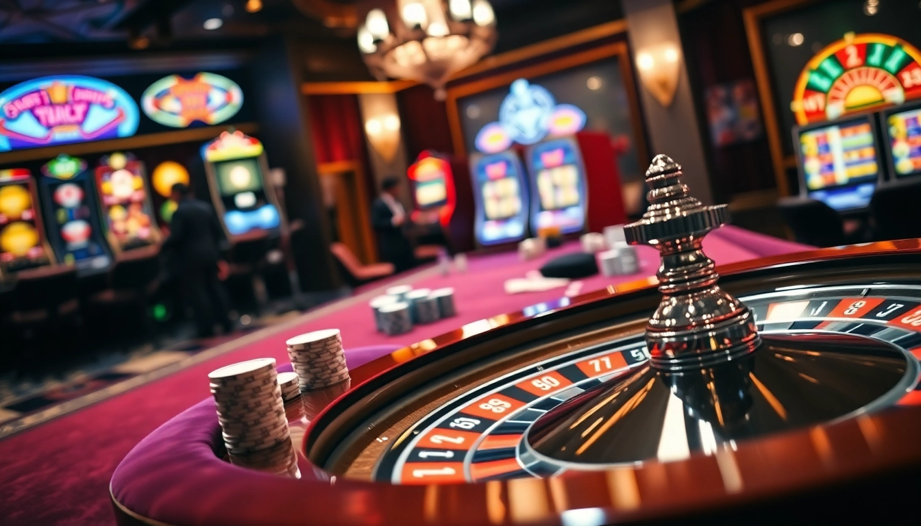 Experience thrilling gaming at OK365 with vibrant casino tables and players engaged in high-stakes bets.