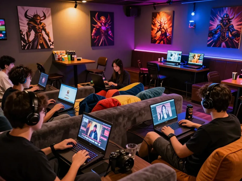 Players enjoying immersive porn games in a vibrant gaming lounge setting.