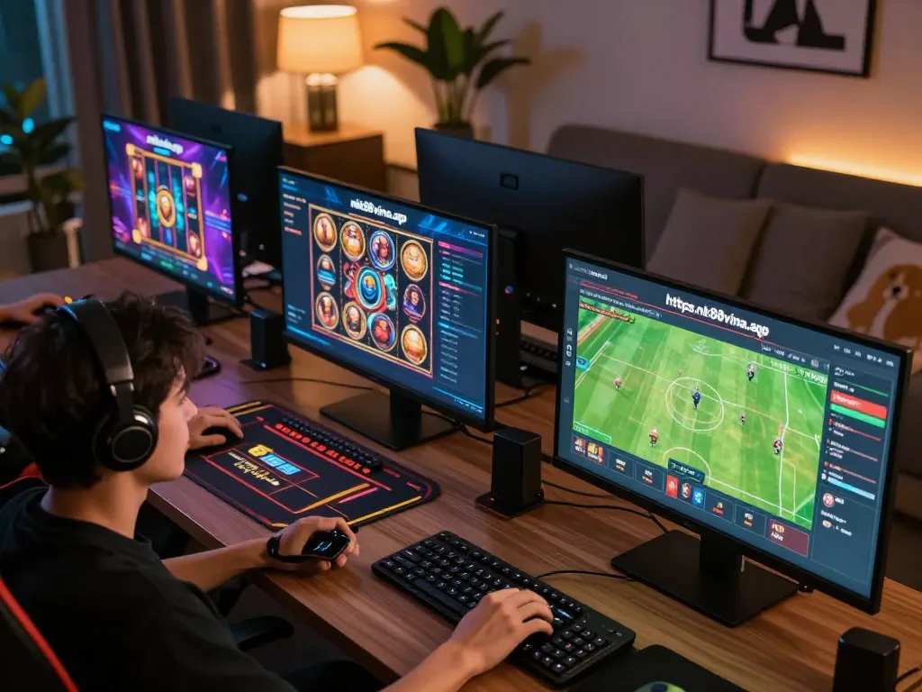 Playing multiple casino games on screens from https://nk88vina.app/, showcasing dynamic online gaming experience.