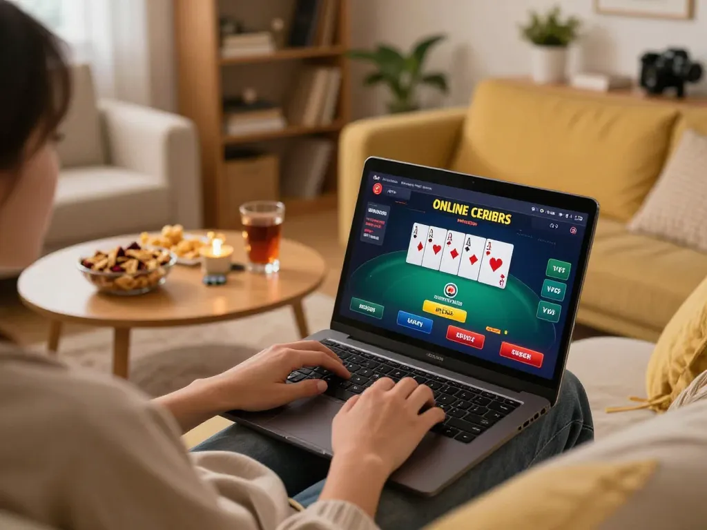 Engaging in online casino gaming with Link vào Five88 displayed on laptop screen, inviting home atmosphere