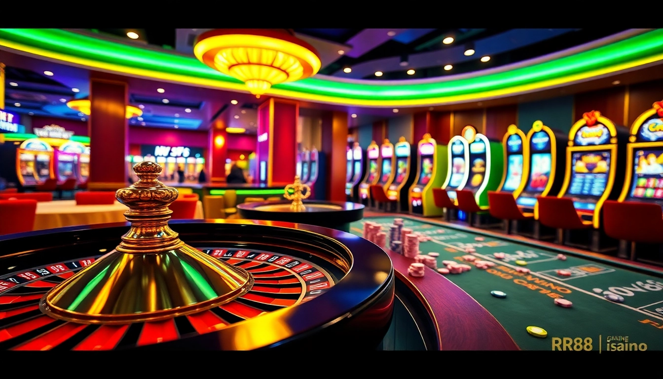 Engaging scene of Trang game RR88 with vibrant casino elements like roulette and poker chips.