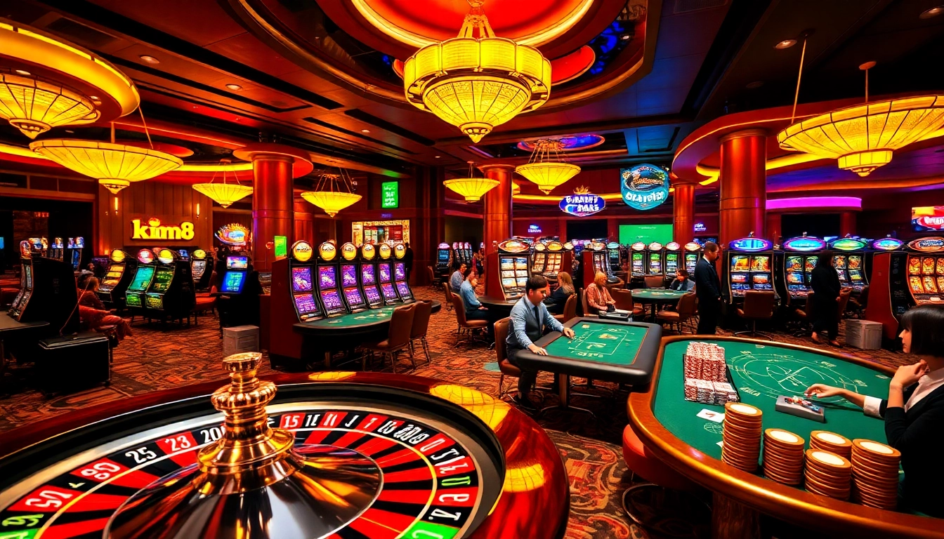 Experience the excitement of kim88 with vibrant casino games, spinning roulette wheels, and lively players.