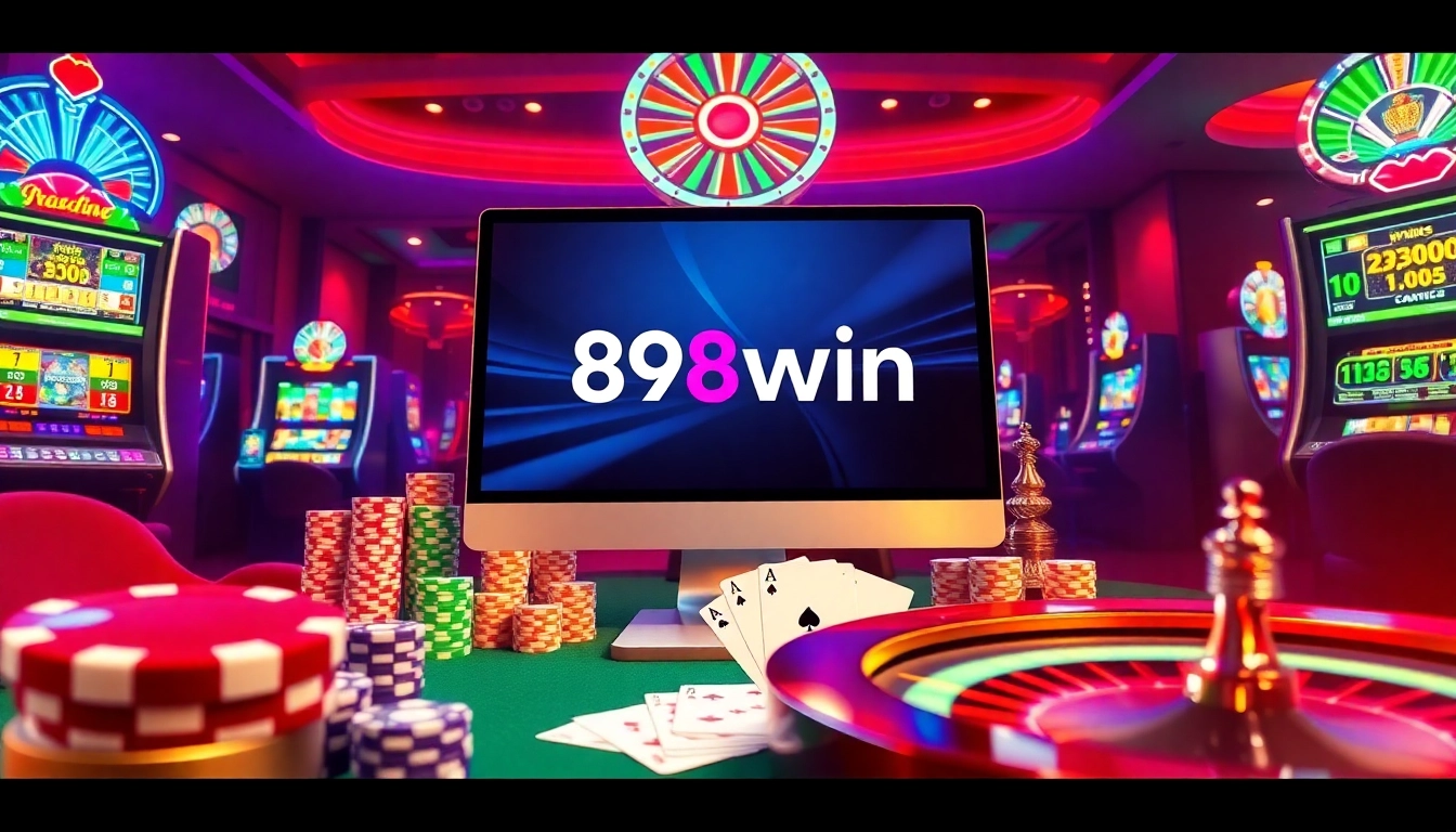 Interactive online gaming scene with link 98win showcasing slot machines and poker chips