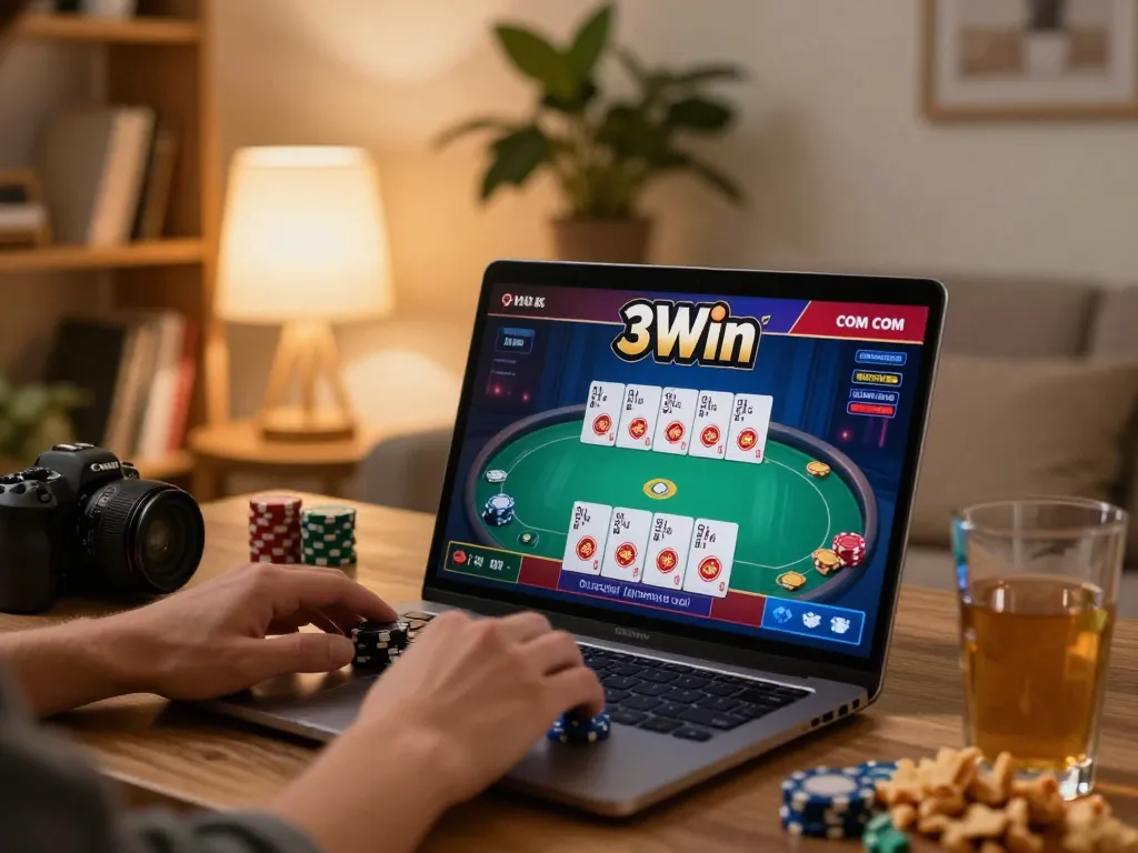A player engaging with 3Win com casino gaming on a laptop, showcasing strategic play and a cozy home atmosphere.