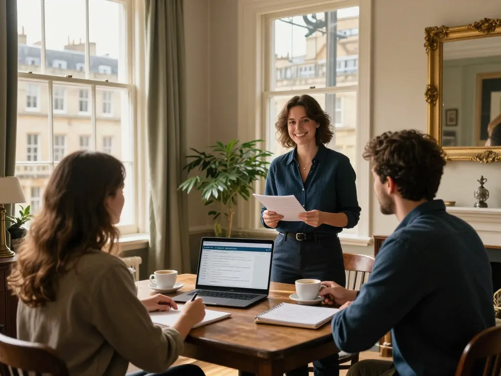 Engaging Airbnb management in Bath scene showcasing a property manager assisting guests in a charming Georgian apartment.