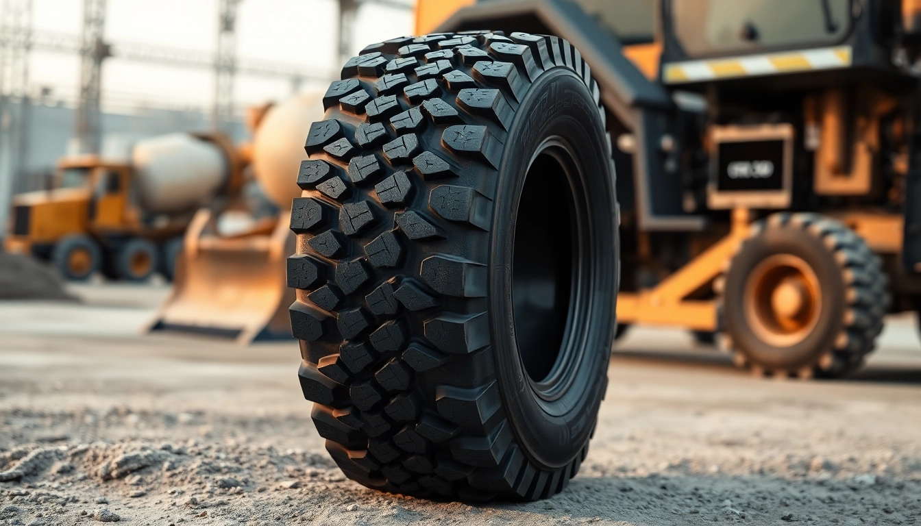 RR99 tire showcasing durability and tread pattern in construction setting.