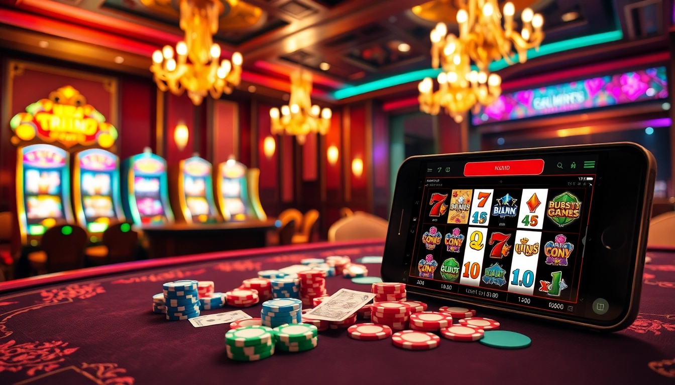 Mega888 apk displayed on a smartphone with an exciting casino backdrop featuring slot machines and poker chips.