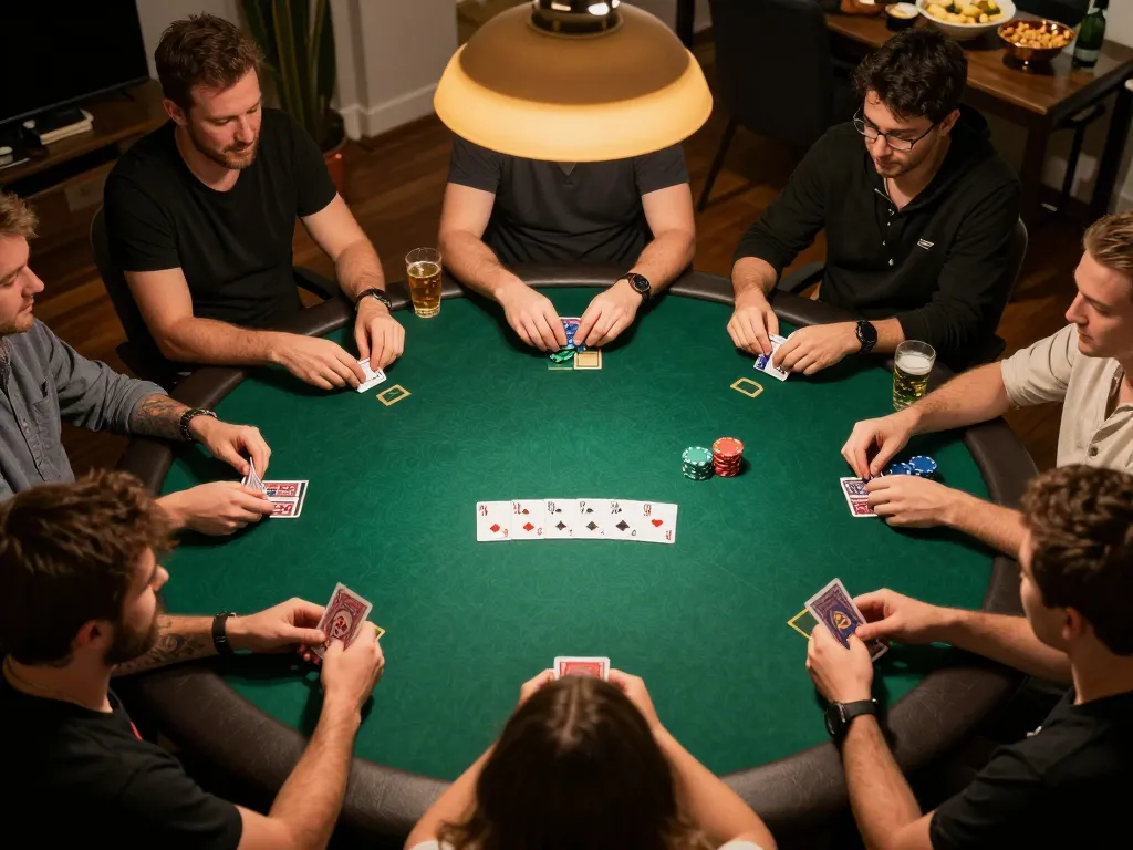 Players enjoying a lively poker session at home, experiencing Hbet's welcoming gaming environment.