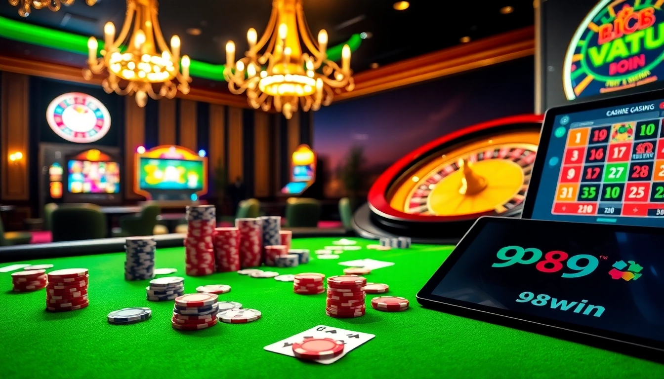 Experience excitement with the 98win casino atmosphere featuring colorful chips and poker tables.