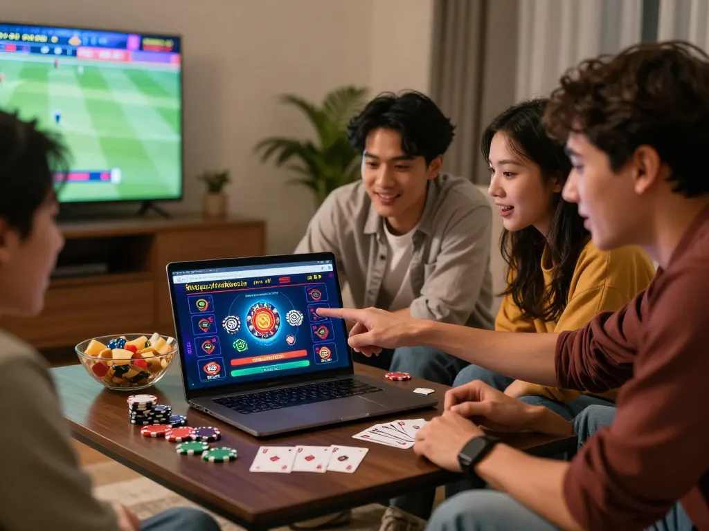 Friends enjoying online betting at https://rikbet.in.net/ in a cozy living room.