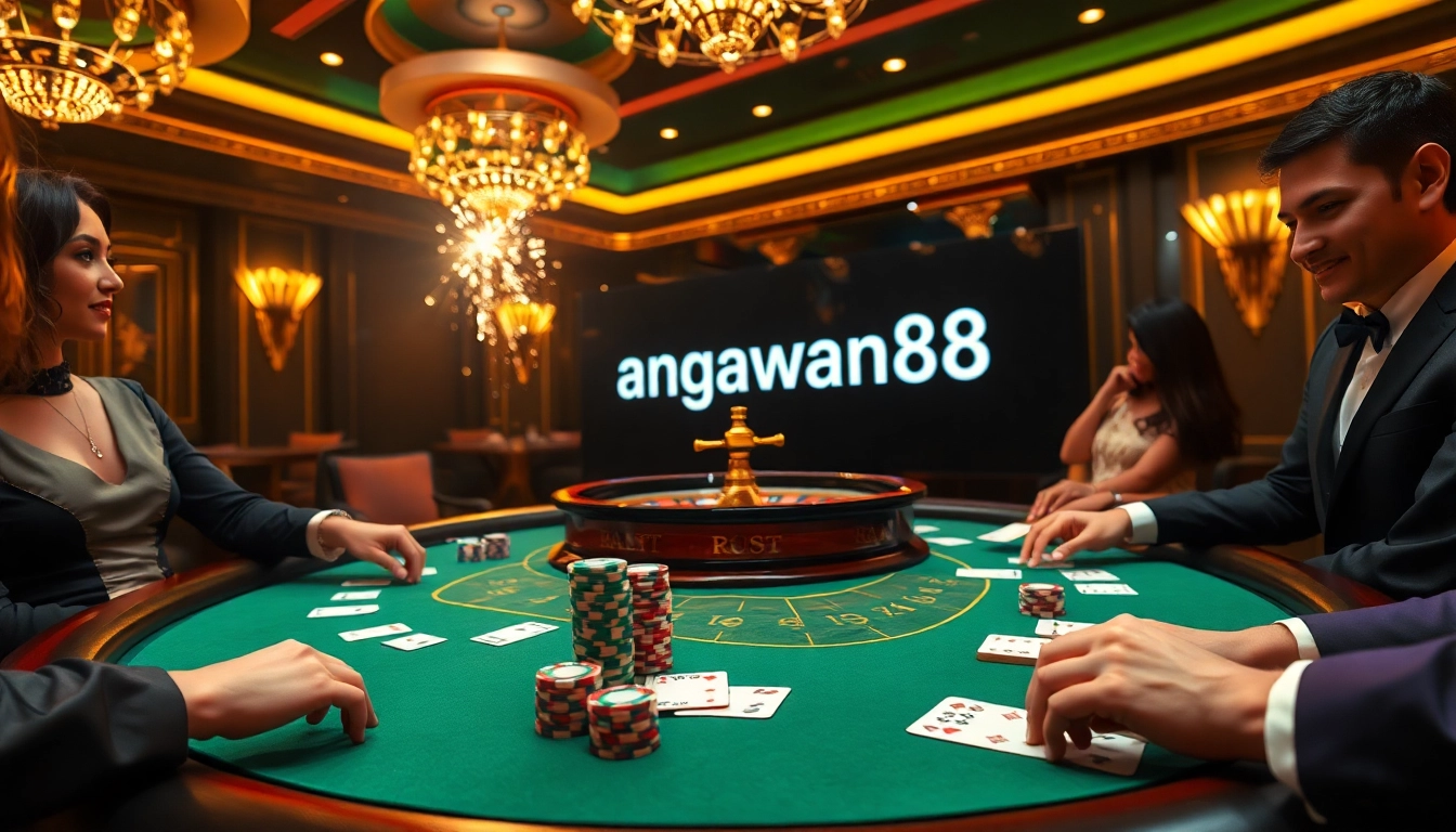 Players engaging with poker chips and cards at a stylish casino table, showcasing bangsawan88.