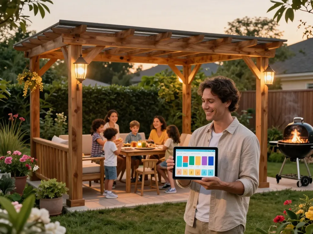 Family enjoying a customizable pergola configurator in their backyard during golden hour.