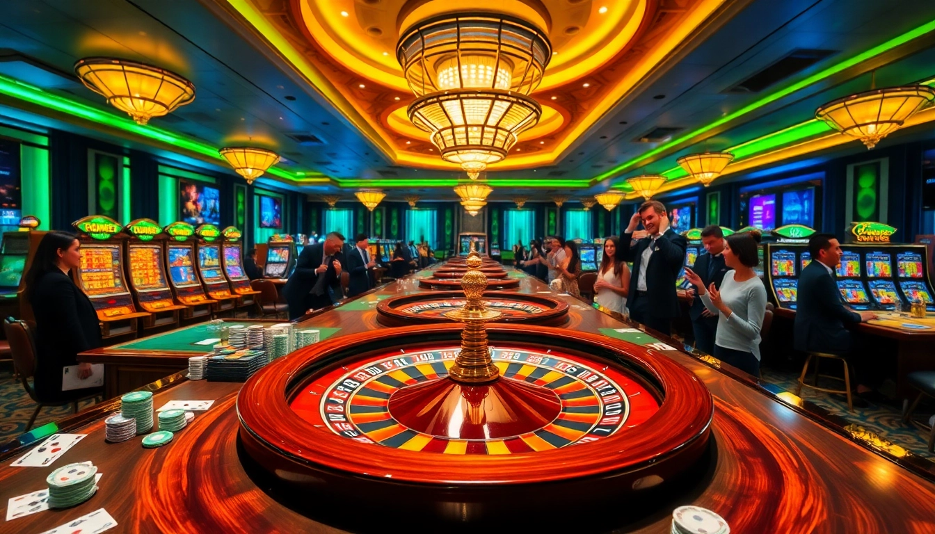 Players celebrating wins at vz99g.jpn.com's vibrant casino floor with roulette and slot machines.