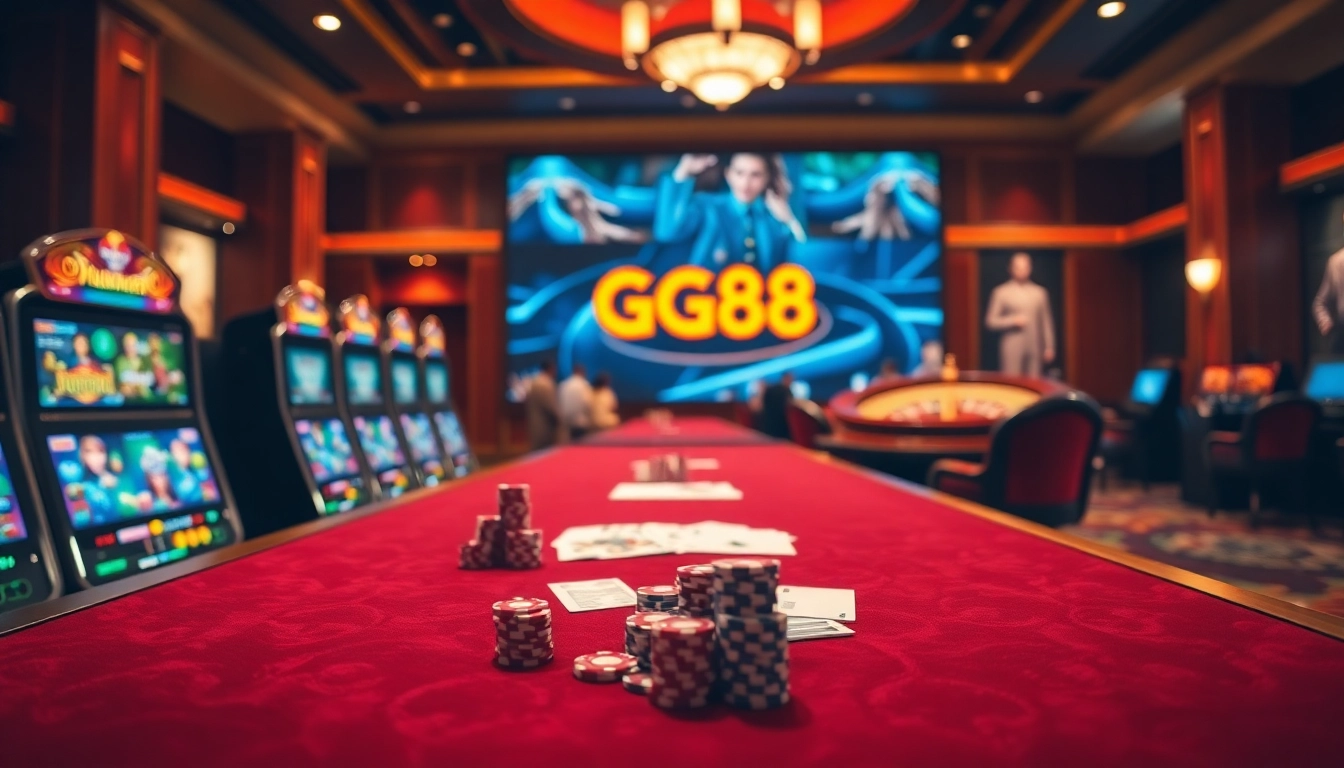 Experience the thrilling GG88 đăng nhập with dynamic casino visuals including cards and slot machines.