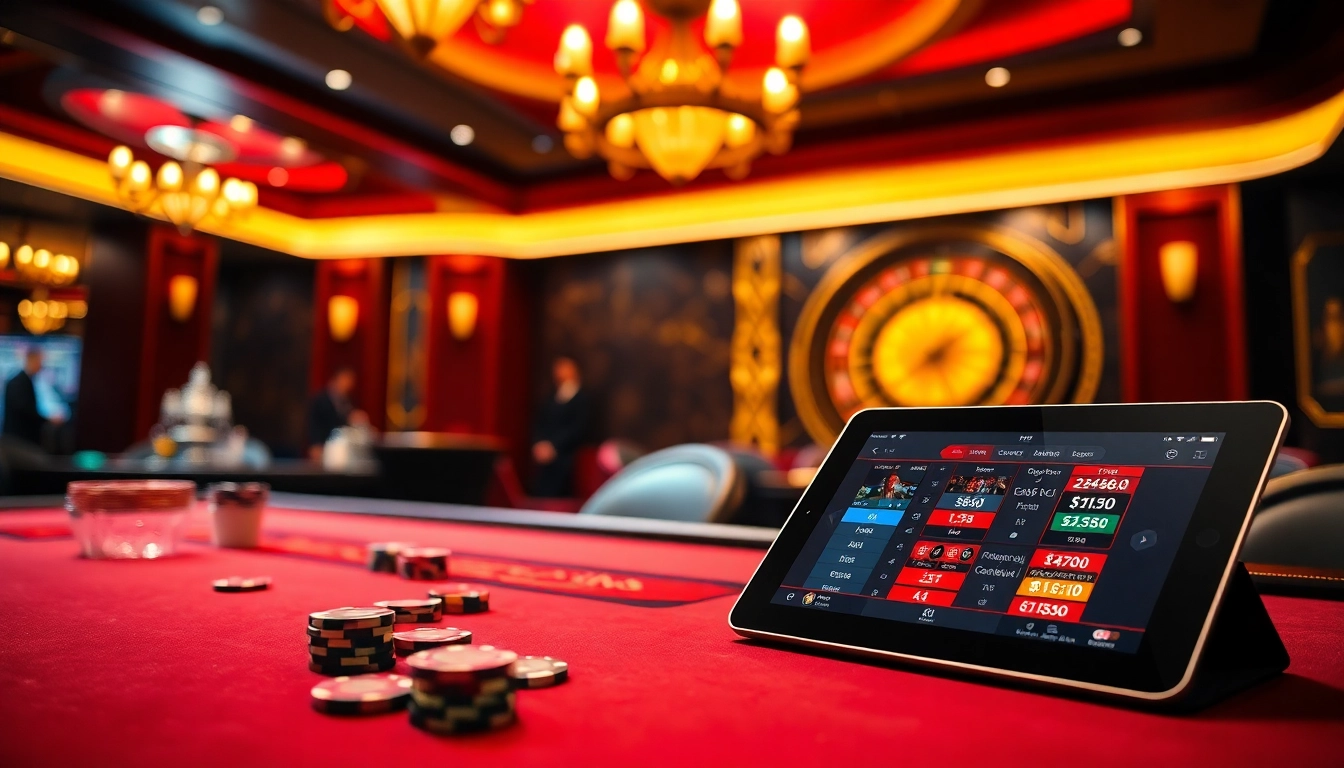 Engaging players at Trang game RR88 with a luxurious casino atmosphere featuring poker tables and online gambling.