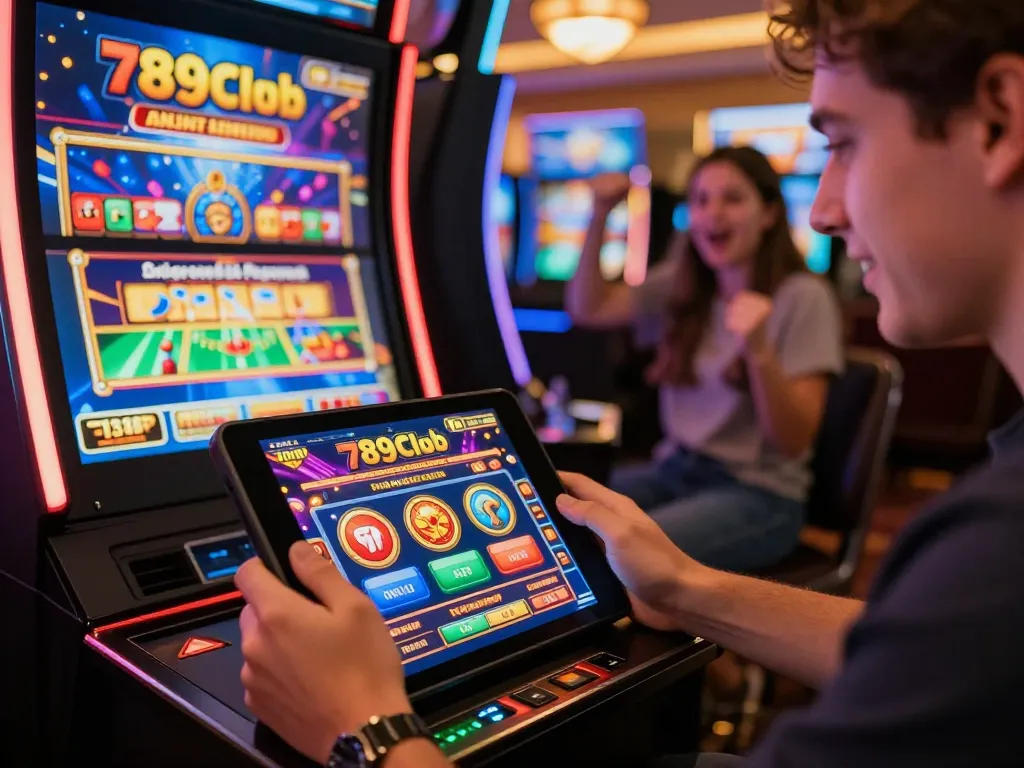 Engaging player enjoying the 789club gaming experience on a tablet amidst dynamic online casino visuals.