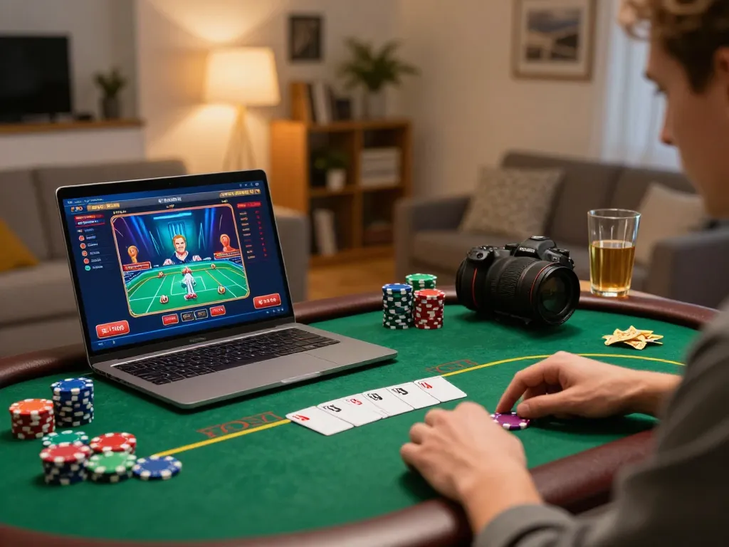 Engaging online gameplay at CM88 COM with vibrant poker interface during a cozy home session.