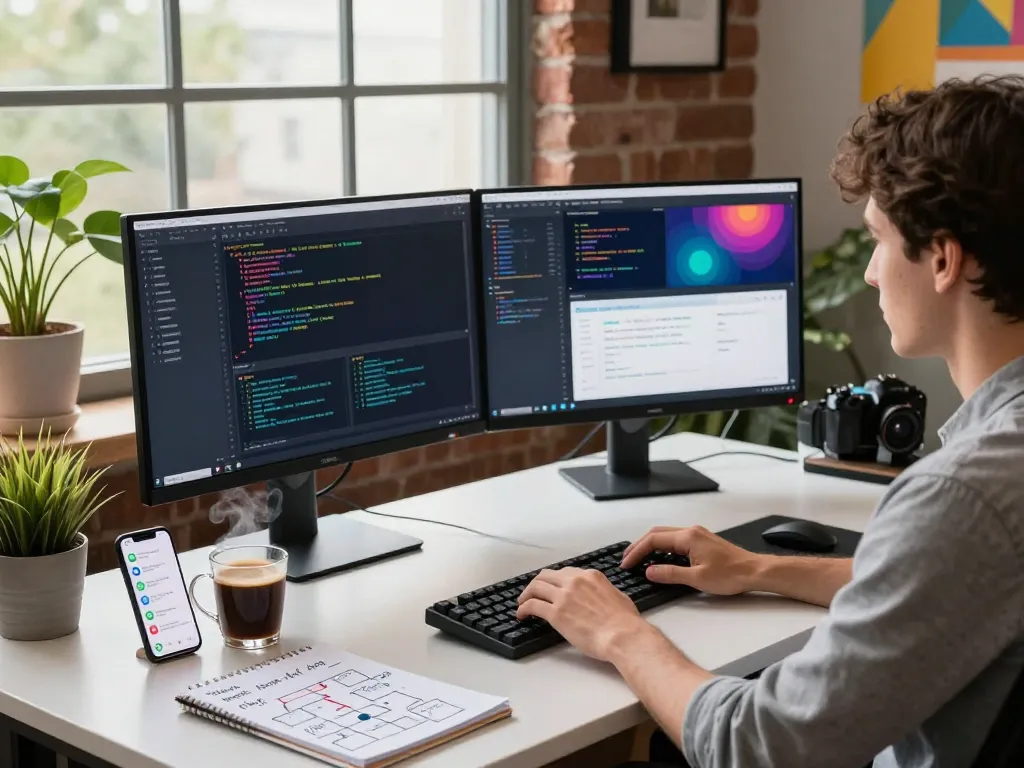 Developer using clawdbot in a modern workspace with coding monitors, tech accessories, and natural light.