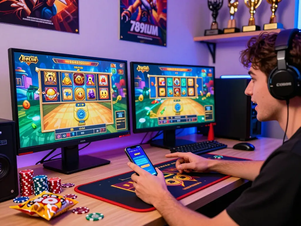 Excited player enjoying games on the 789club platform with immersive graphics and games, showcasing vibrant gaming setup.