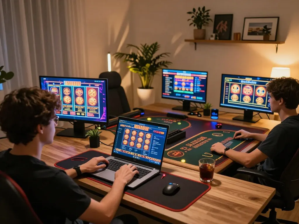 Engaging in online casino gameplay with 77bet on a laptop in a stylish home setup.