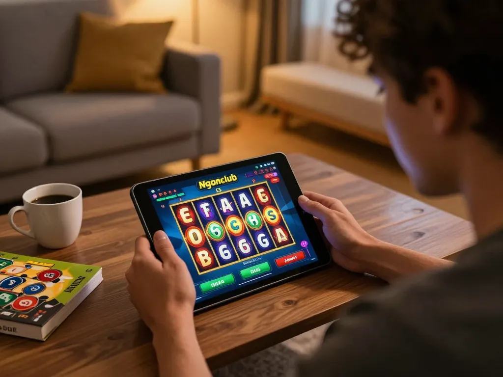 Playing thrilling games on the Ngonclub app in a cozy living room, showcasing online gambling excitement.
