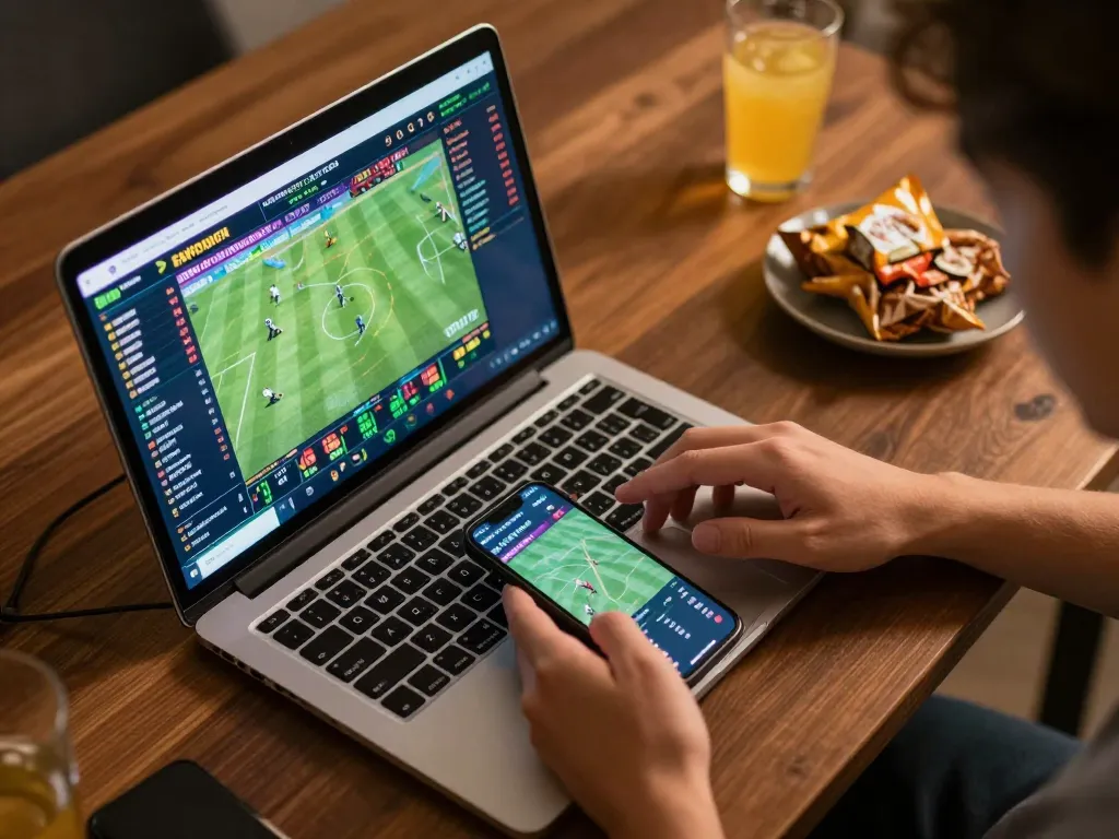 Engaging in live sports betting on sc888 platform with laptop and smartphone.