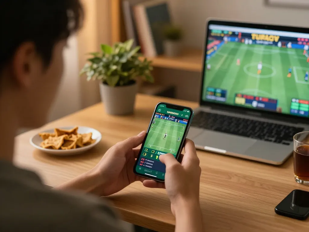 Kèo nhà cái hôm nay displayed on a smartphone during a home sports betting session, capturing strategic betting in action.