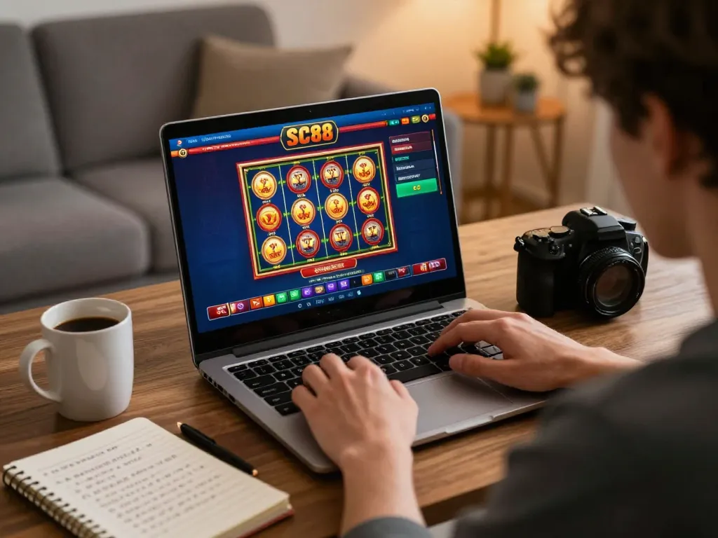 Person engaging with SC88 online casino interface, showcasing vibrant gameplay on laptop screen.