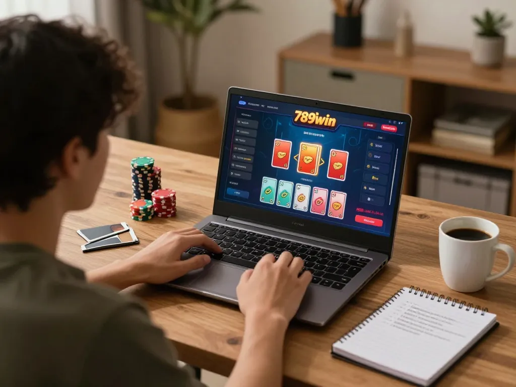 Player accessing 789win link on a laptop, engaging in online casino gaming at home